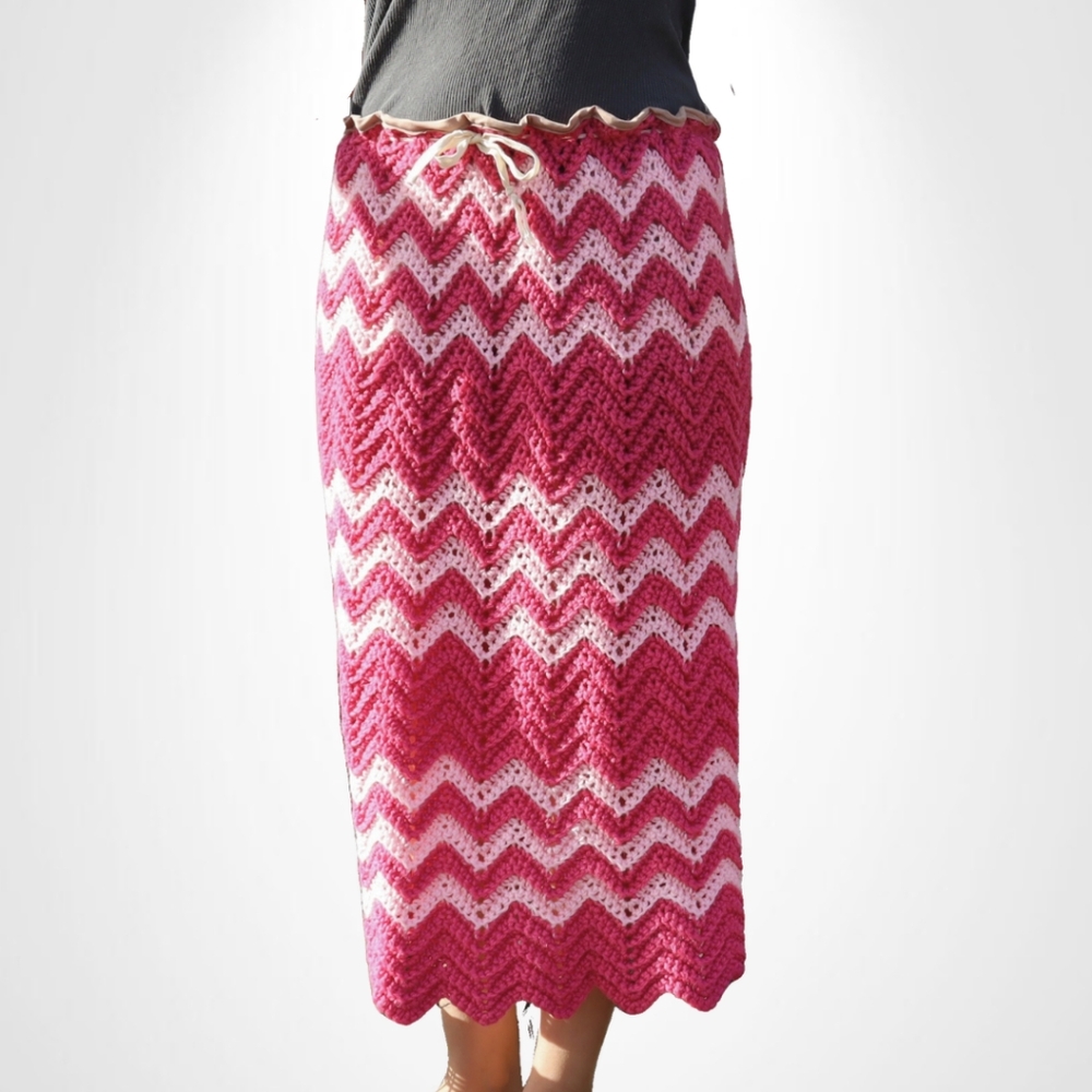 Upcycled crochet maxi skirt psychedelic boho whimsy vintage pink
